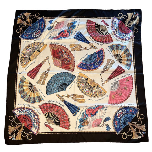 Vintage Avon Fans of the World Scarf 34" Black Gold Pink Blue Shawl Wrap 1970s - Picture 1 of 11